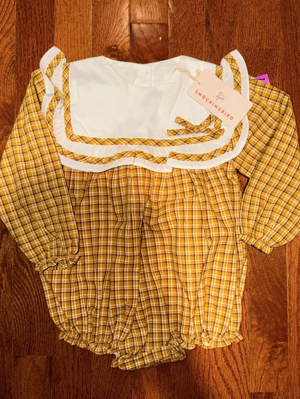 Smockingbird Yellow Plaid Baby Bubble with White Sailor Collar